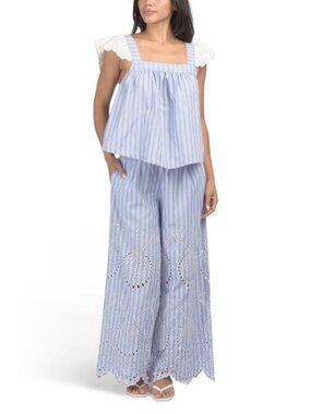 SAATVIK 2pc Hand Embroidered Eyelet Short Sleeve Top And Pants Lounge Set